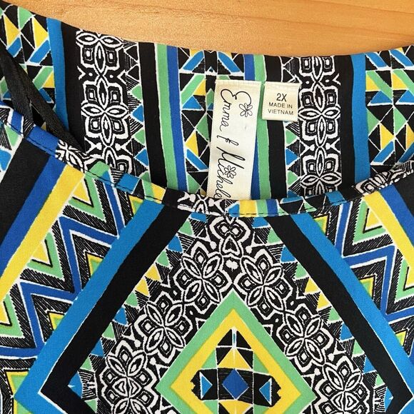 Emma Michelle-Dress Peasant Style Glam Multi Color Geometric Bell Sleeve Plus 2X - Picture 3 of 4